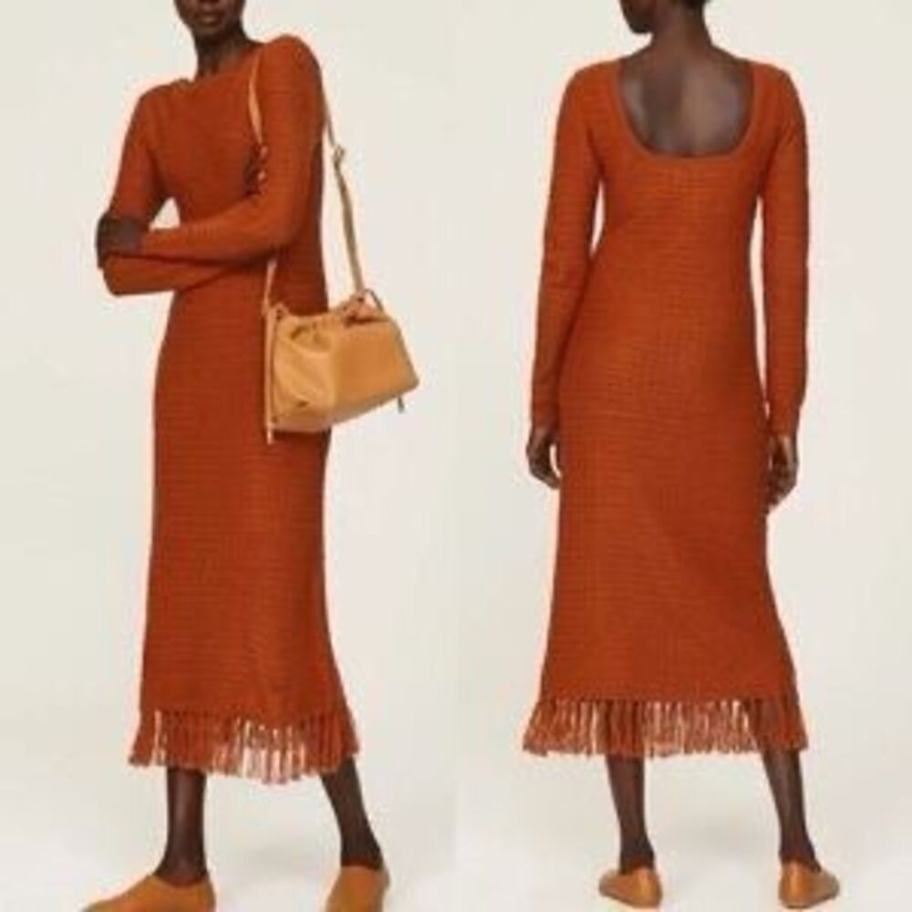 Pamela Love Fringe Burnt Orange Rust Long Sleeves Sweater Dress S 🩸